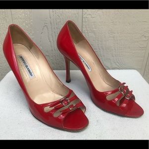 Manolo Blahnik red parent leather pumps